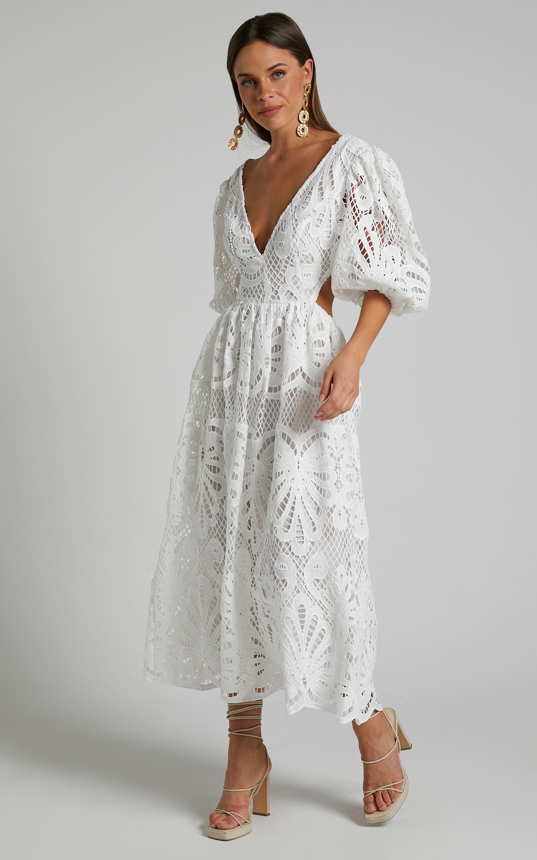 Anieshaya Midi Dress - V Neck Cut Out Lace Dress in White