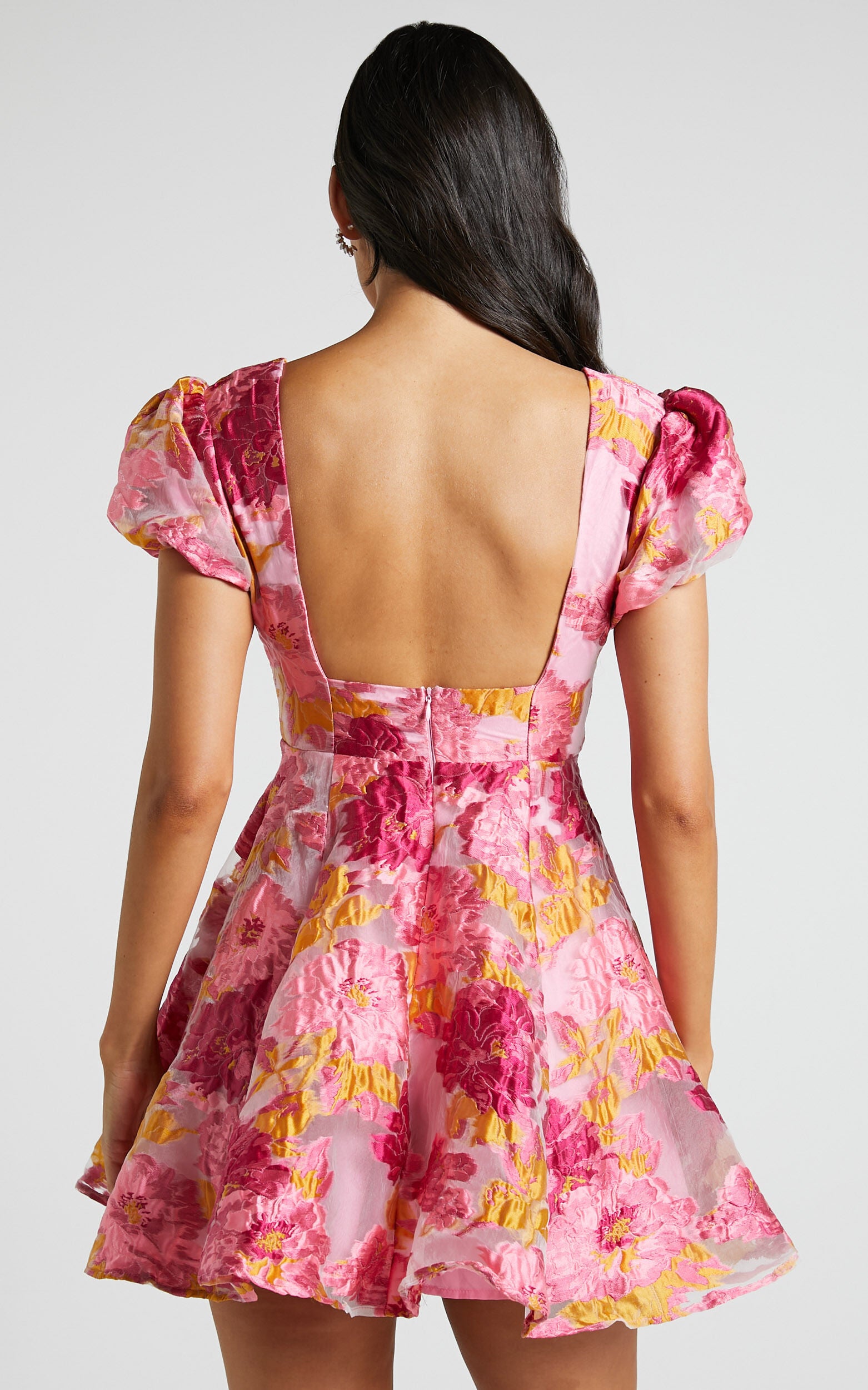 Brailey Jacquard Mini Dress - Puff Sleeve Dress in Pink
