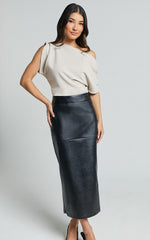 Emma Midi Skirt - High Waisted Faux Leather Skirt in Black