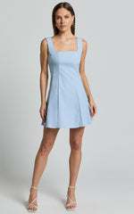 Adiana Mini Dress - Linen Square Neck Shirred Back A Line Dress in Pale Blue