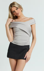 Annalisa Top - Gathered Off Shoulder Asymmetric Top in Pale Grey