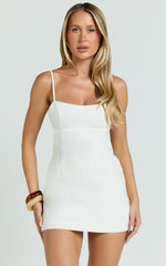 Lillith Mini Linen Dress - Scoop Neck Tie Back Dress in Off White