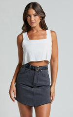 Adan Mini Skirt - Recycled Cotton Frayed Hem Denim Skirt in Black
