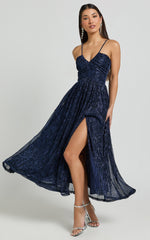 Sara Midi Dress - Ruched Bodice Lurex Dress in Navy