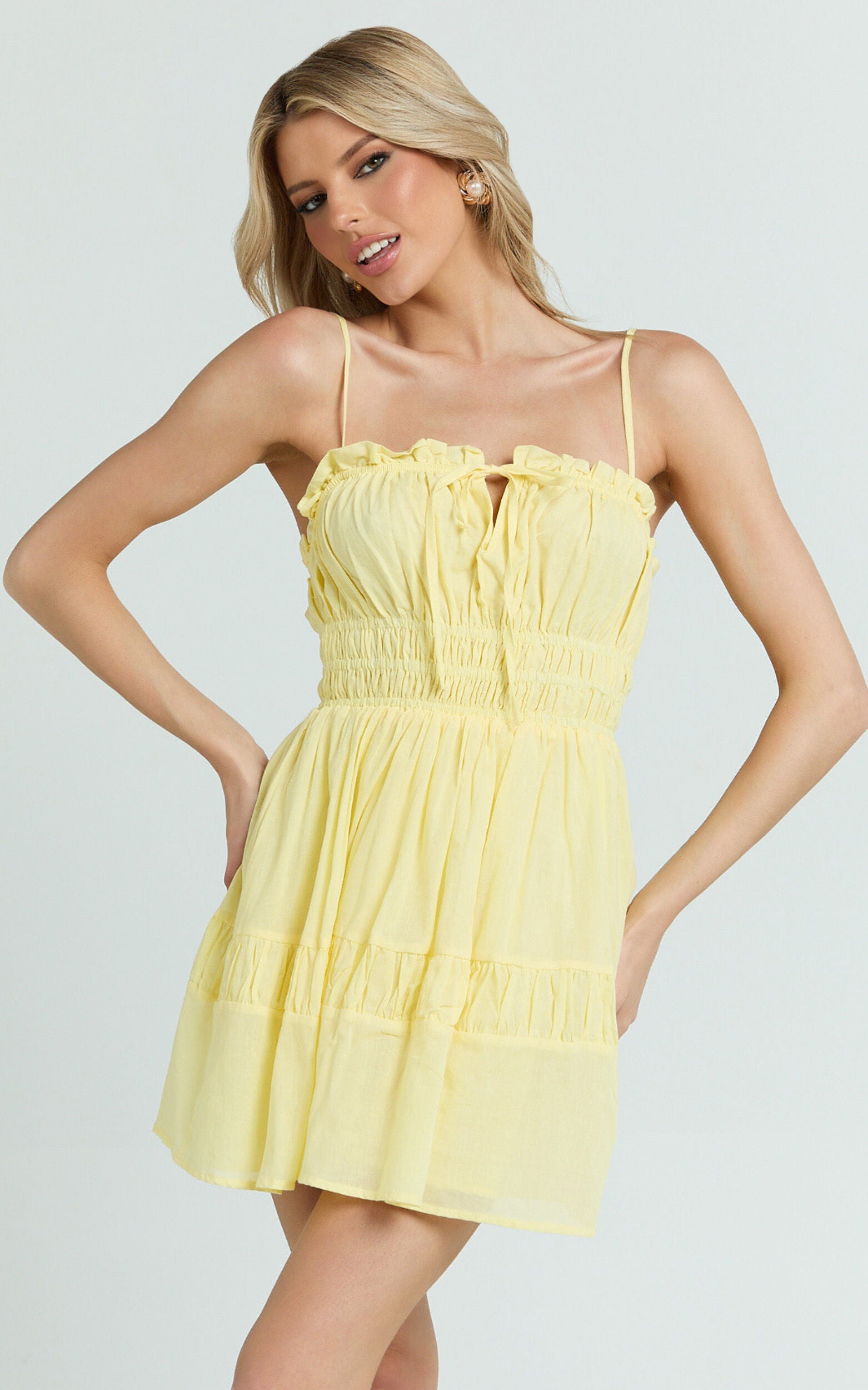 Jamaica Mini Dress - Ruched Bust Tiered Skirt Dress in Lemon