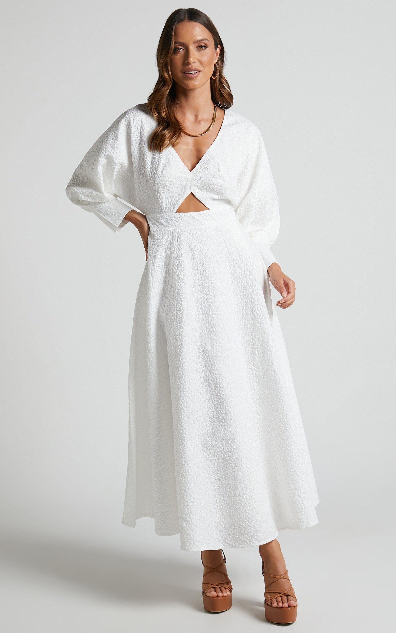Ashtina Midi Dress - V Neck Cut Out Puff Sleeve Dress in White