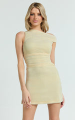Rheiya Mini Dress - Ruched Side Off Shoulder Mesh Dress in Butter