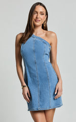 Harmony Mini Dress - One Shoulder Bodycon Recycled Denim Dress in Mid Blue Wash