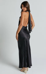 Elise Midi Dress - Cowl Neck Satin Dress in Black