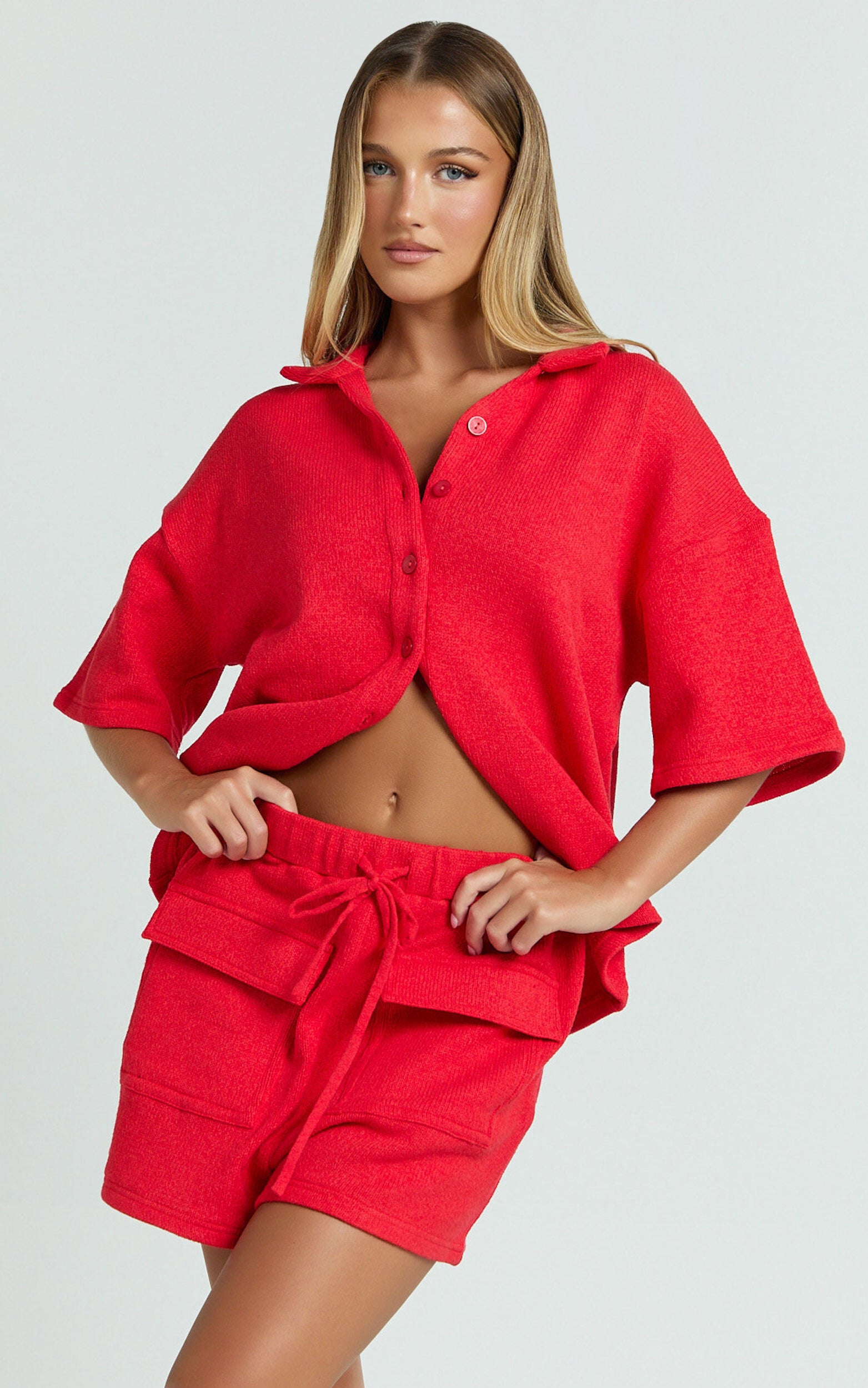 Kahlani Two Piece Set - Collared Short Sleeve and High Waisted Shorts in Red