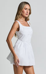 Alodia Mini Dress - Wide Strap Straight Neck Wide Pleated Dress in White