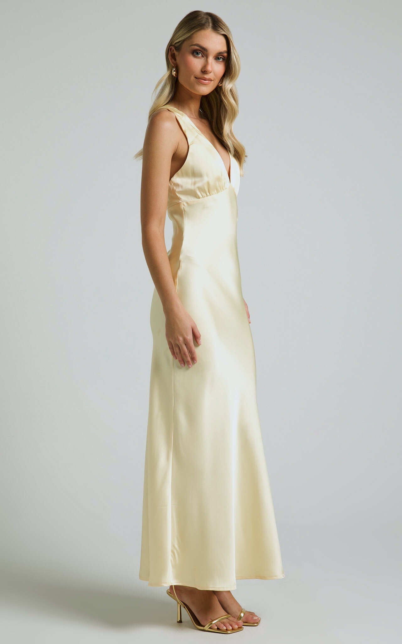 Khalani Midi Dress - Deep V Neck Satin Slip Dress in Butter Yellow