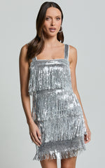Paris Mini Dress - Sequin Fringe Dress in Silver