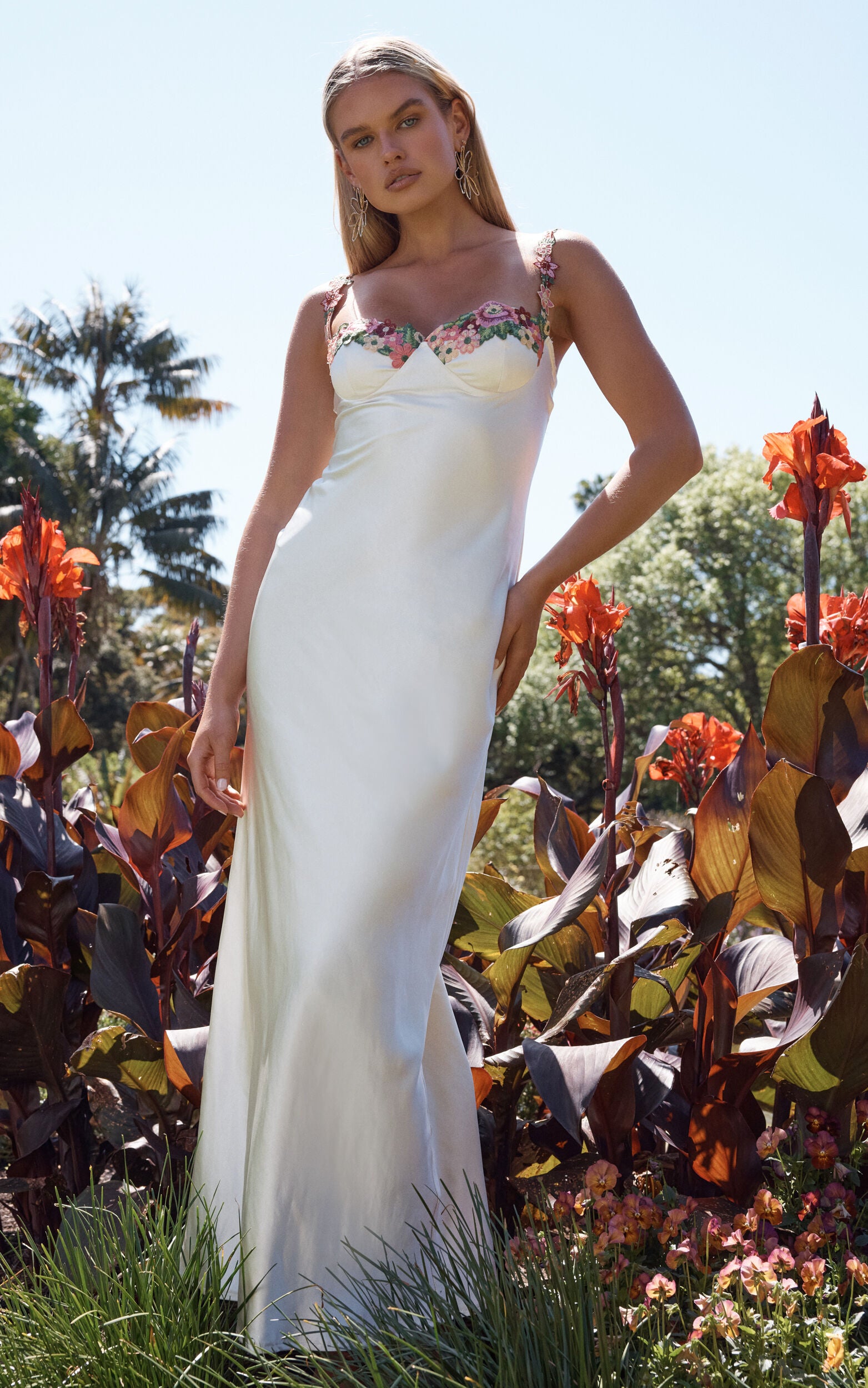 Harmony Midi Dress - Floral Detail Cup Bust Satin Dress in White