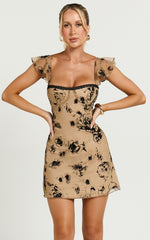 Athena Mini Dress - Floral Burnout Lace Trim Slip Dress in Brown and Black Burnout