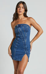 Erline Mini Dress - Asymmetric Strapless Denim Dress in Dark Blue Wash