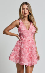 Alexandria Mini Dress - V Neck Gathered Bust A Line Dress in Pink