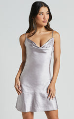 Louise Mini Dress - Cowl Neck Backless Satin Slip Dress in Silver