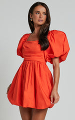 Tamara Mini Dress - Short Puff Sleeve Ruched Dress in Orange