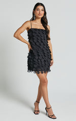Leah Mini Dress - Strappy 3D Floral Cami Dress in Black