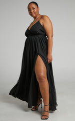 Angelina Midi Dress - Plunge Neck Glitter Neck Dress in Black