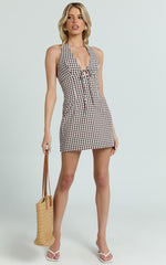Emilia Mini Dress - Plunge Halter Bodycon Dress in Brown/White