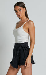 Ellyza Skort - Recycled Cotton Frayed Edge Wrap Denim Skort in Washed Black