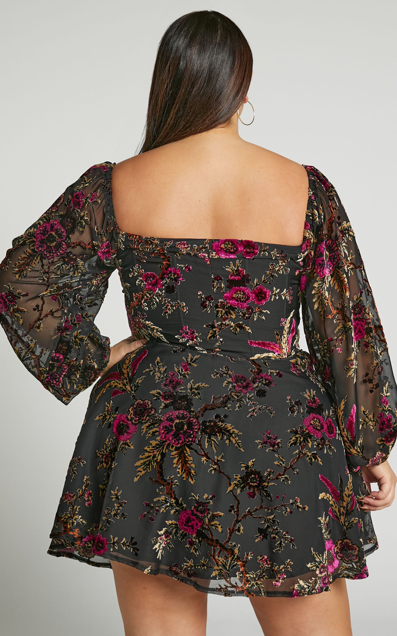 Jessell Mini Dress - Long Sleeve Cowl Corset Dress in Black Floral