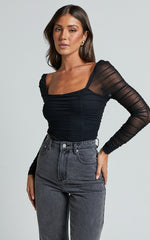 Casen Bodysuit - Long Sleeve Ruched Mesh Bodysuit in Black