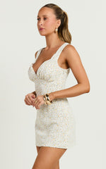 Amalea Mini Dress - Wide Strap Ruched Bust Dress in Blue & Yellow Ditsy Floral