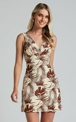 Kim Mini Dress - V Neck Empire Waist A Line Dress in Beige Palm Tree