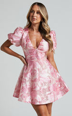 Lettie Mini Dress - Puff Sleeve Circle Hem Dress in Blurred Rose