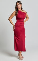 Hyde Midi Dress - Asymmetrical Twist Strap Off The Shoulder Dress in Berry