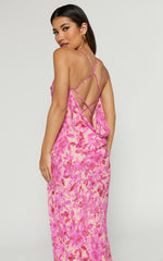 Manuella Maxi Dress - Cowl Neck Slit Slip Dress in Pink