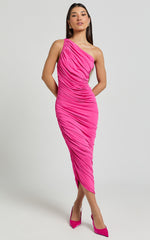 Lovlin Midi Dress - One Shoulder Ruched Dress in Fuchsia Pink