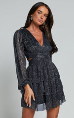Elaine Mini Dress - Long Sleeve Tiered Plisse Dress in Gunmetal