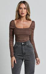 Casen Bodysuit - Long Sleeve Ruched Mesh Bodysuit in Chocolate