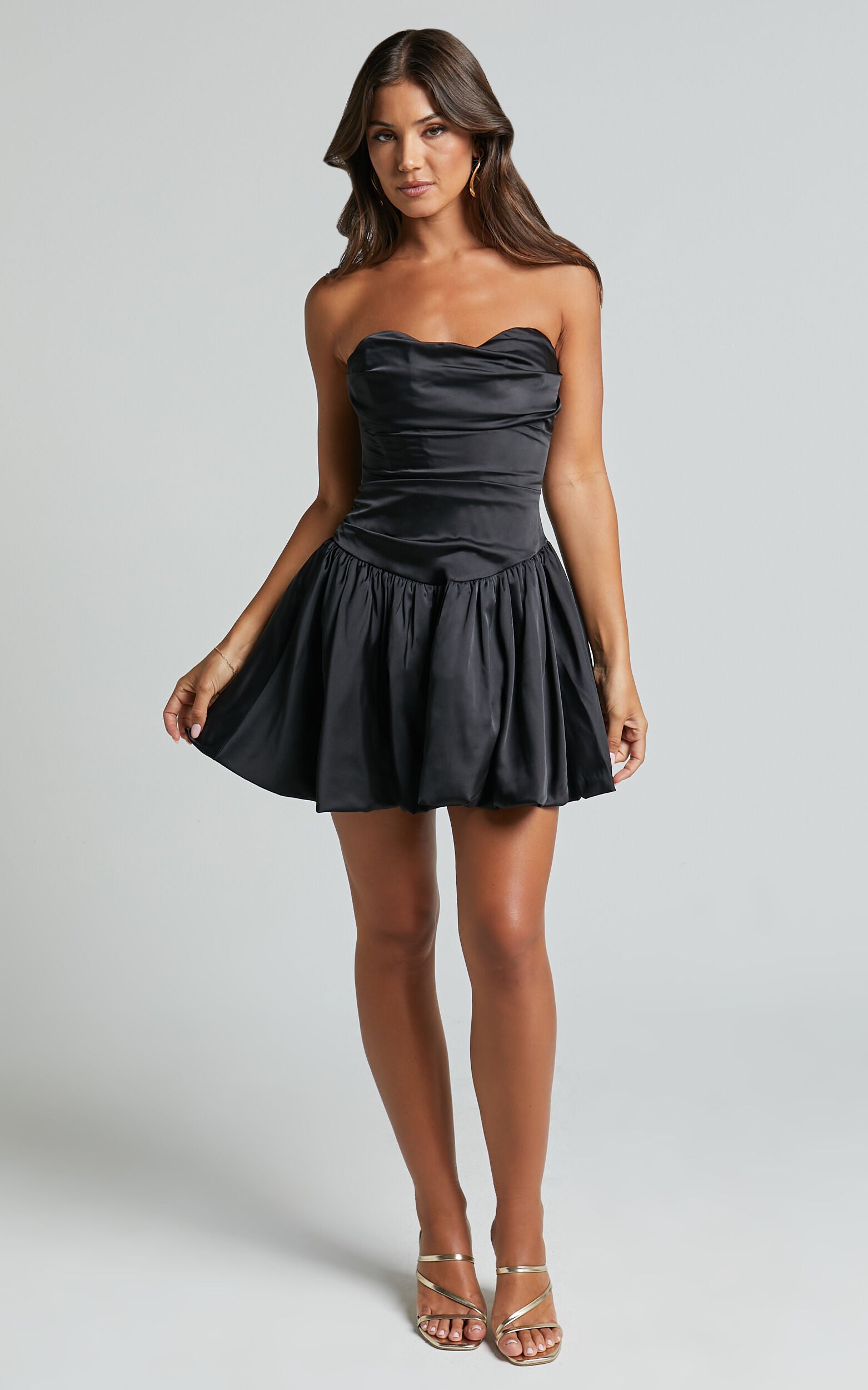 Edina Mini Dress - Strapless Drop Waist Puff Ball Dress in Black