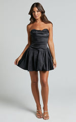 Edina Mini Dress - Strapless Drop Waist Puff Ball Dress in Black