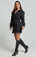 Ainsley Mini Dress - Button Through Long Sleeve Denim Dress in Washed Black