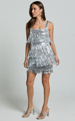 Paris Mini Dress - Sequin Fringe Dress in Silver