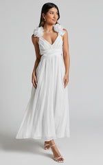 Marielly Midi Dress - Side Cut Out V Neck Ruffle Detail Sleeve Dress in White