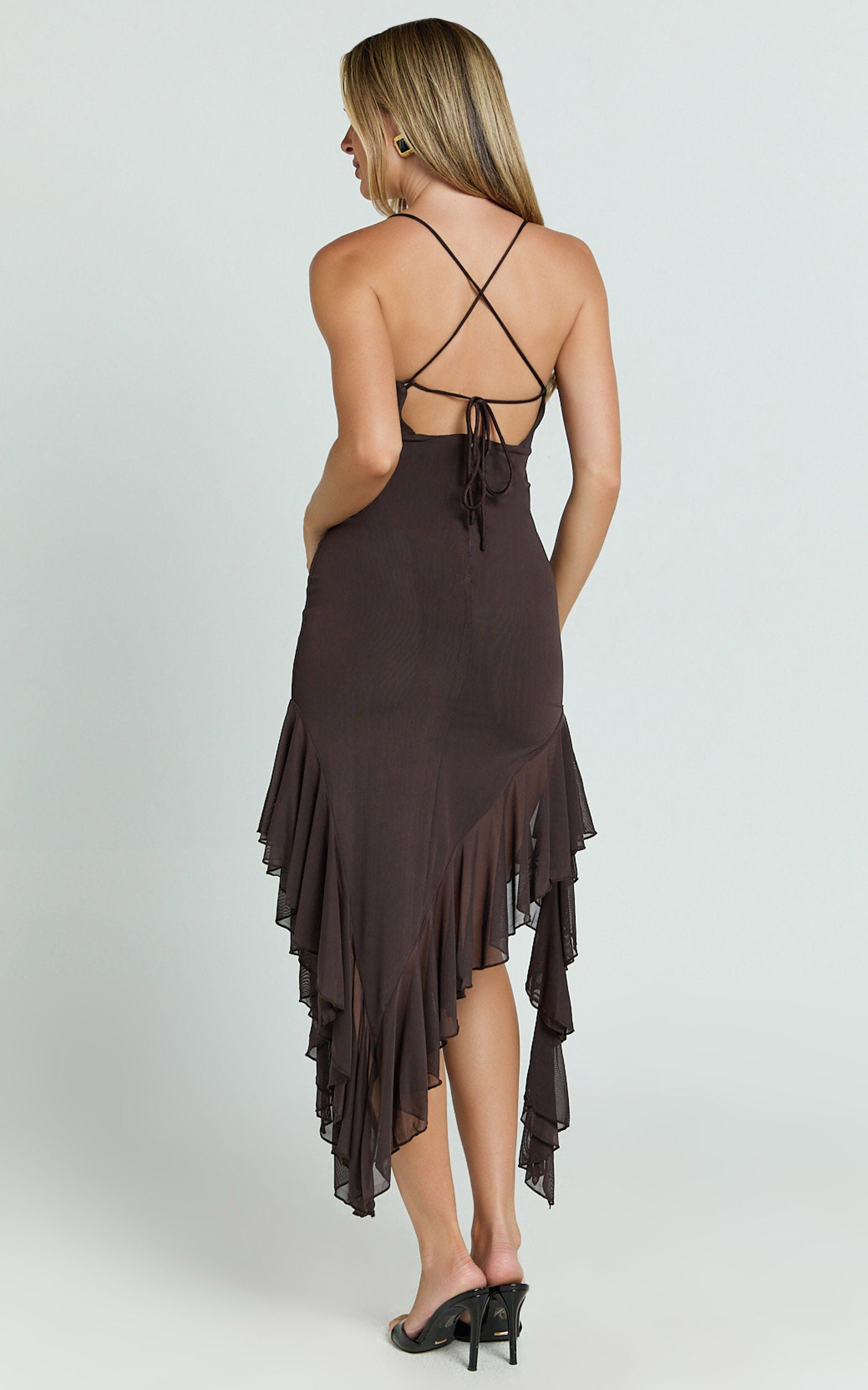 Constantina Midi Dress - Asymmetric Ruffle Tie Back Dress in Dark Chocolate