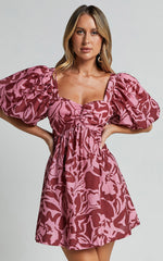 Lydie Mini Dress - Sweetheart Short Balloon Sleeve Ruched Bodice Dress in Whirlwind Floral Print