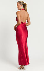 Prima Maxi Dress - Plunge Satin Dress in Red