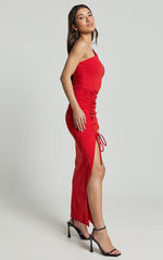 Daria Midi Dress - One Shoulder Long Sleeve Side Split Dress in Red