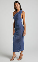 Arietty Midi Dress - One Shoulder Asymmetrical Ruched Dress in Steel Blue