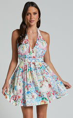 Duncan Mini Dress - Halter Neck Empire Waist Dress in Vacay Print