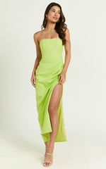 Avery Midi Dress - Strapless Draped Side Split Dress in Lime