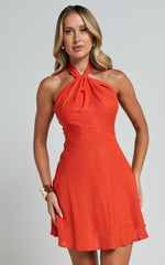 Louie Mini Dress - Linen Halter Neck Dress in Orange